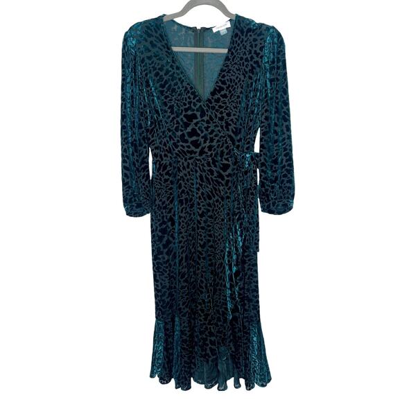 Calvin Klein 8 Burnout Velvet Animal Print Long Sleeve Wrap Dress Teal Green EUC - Picture 2 of 11